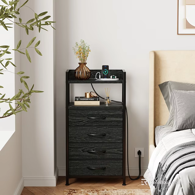 Dark Wood Dresser With Drawers Vase Flowers Alarm Clock In Bedroom With Light Headboard 3d model 