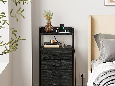 Dark Wood Dresser With Drawers Vase Flowers Alarm Clock In Bedroom With Light Headboard 3d model