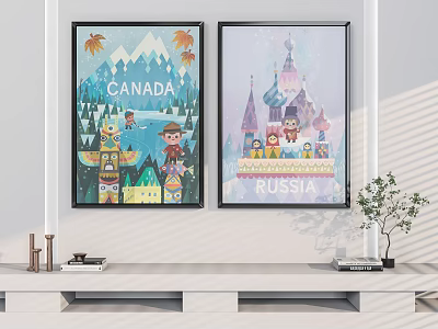 Cartoon Style Canada And Russia Themed Posters As Wall Decor Artwork 3d model