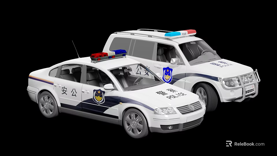 White Police Function Vehicles With Red Blue Emergency Lights And Police Badges 3d model 