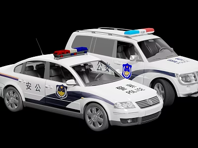 White Police Function Vehicles With Red Blue Emergency Lights And Police Badges 3d model