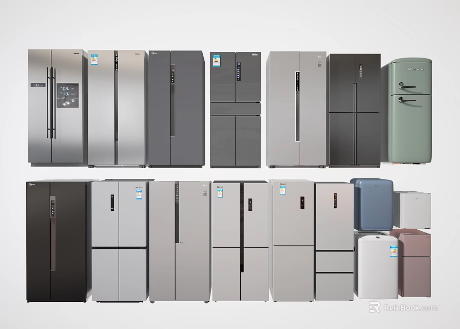 Various Modern Refrigerators And Freezers With Different Colors And Sleek Designs 3d model 