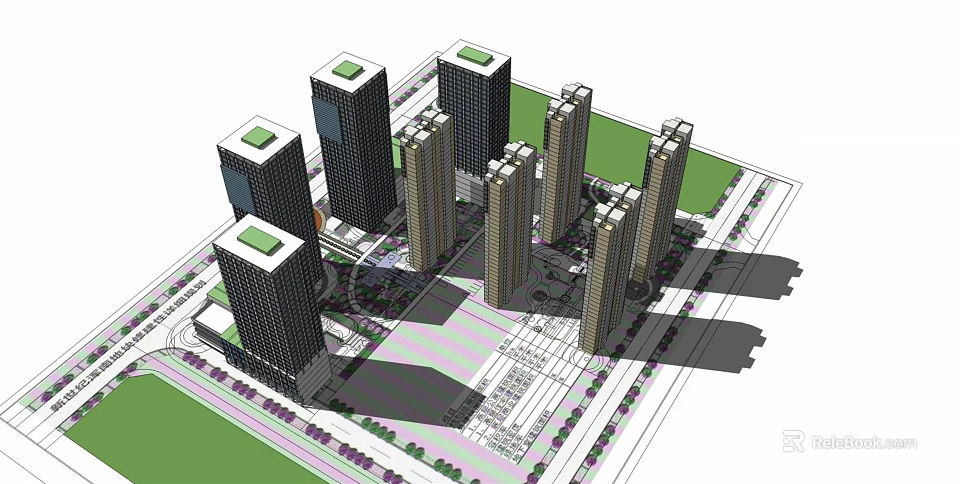 Modern High Rise Office Buildings With Green Roofs And Open Square Layout 3d model 