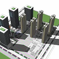 Modern High Rise Office Buildings With Green Roofs And Open Square Layout