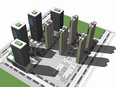 Modern High Rise Office Buildings With Green Roofs And Open Square Layout 3d model