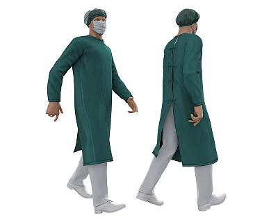 Man in Green Surgical Gown with Mask Cap White Pants and White Shoes Two Views 3d model