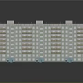 Multi Storey Apartment Building with Light Green Exterior White Frames Balconies Gray Roof and Entrance