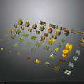 3D Farm Elements Including Crops Tools Wooden Barrels Fences Vegetables And Fruits