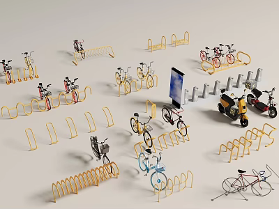 Various Bicycle Rack Types with Bicycles and Scooters in Parking Area 3d model