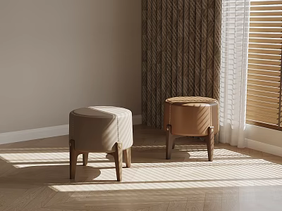 Modern Round Leather Upholstered Sofa Stools With Exquisite Wooden Legs For Cozy Sunlit Home Interior 3d model