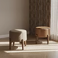 Modern Round Leather Upholstered Sofa Stools With Exquisite Wooden Legs For Cozy Sunlit Home Interior