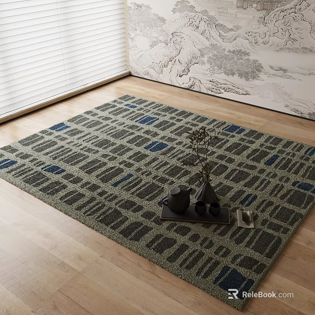 Square Rug Featuring Green Blue Geometric Pattern On Wooden Floor With Decorative Tray 3d model 