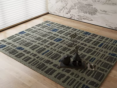Square Rug Featuring Green Blue Geometric Pattern On Wooden Floor With Decorative Tray 3d model