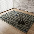 Square Rug Featuring Green Blue Geometric Pattern On Wooden Floor With Decorative Tray