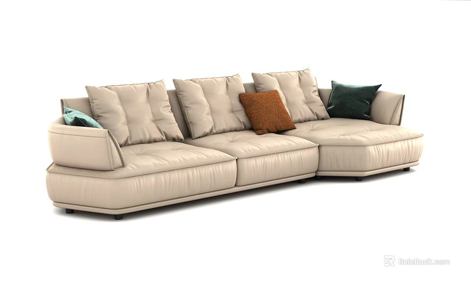 Beige Sectional Sofa with Modern Design and Green Orange Beige Pillows 3d model