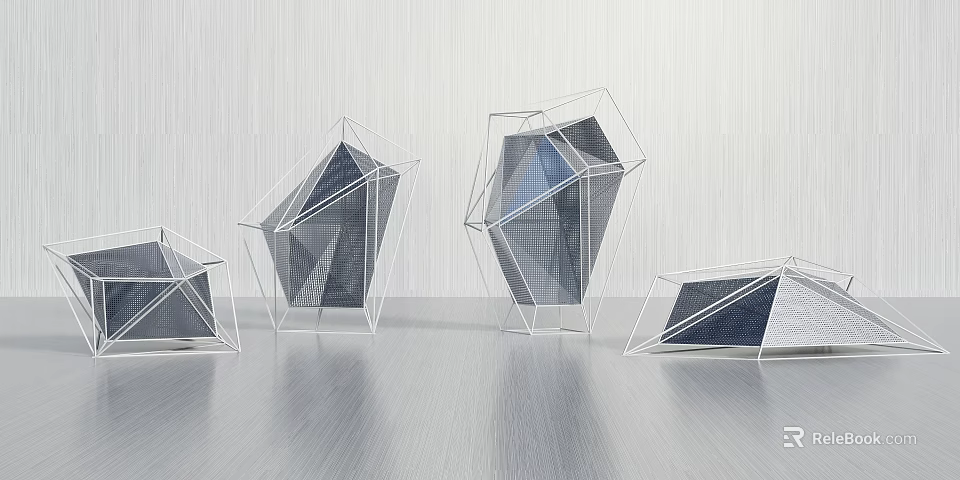 Modern Geometric Sculptures With Metal Frames And Transparent Panels On Smooth Surface 3d model 