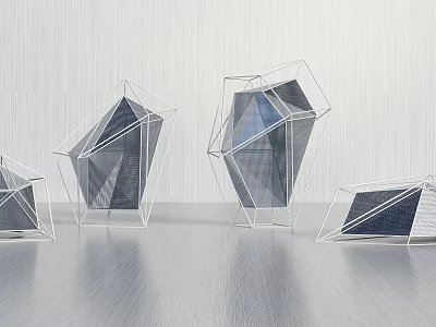 Modern Geometric Sculptures With Metal Frames And Transparent Panels On Smooth Surface 3d model