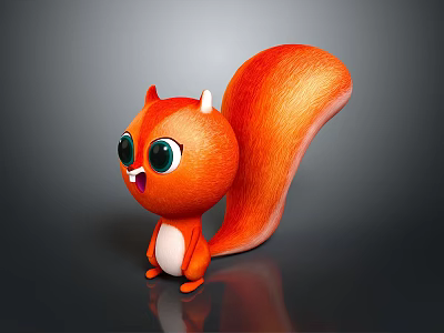 Orange Cartoon Squirrel Character With Big Green Eyes Open Mouth Fluffy Tail On Black Background 3d model