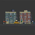 Green And Red Multi Story Apartment Buildings With Balconies Yellow Taxi And Blue Truck