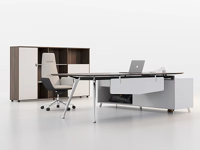 Modern Office Desk With Metal Frame Laptop And White Office Chair Wooden Bookcase 3d model
