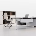 Modern Office Desk With Metal Frame Laptop And White Office Chair Wooden Bookcase