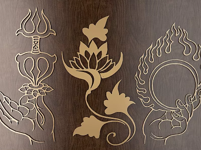 Traditional Golden Carvings on Wooden Background Featuring Lotus Flame and Floral Designs 3d model
