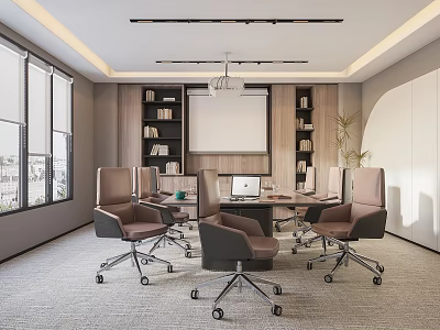 Modern Conference Room Interior Design With Conference Table Chairs Projection Screen Bookshelves And Windows 3d model