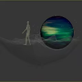 Silver Human Figure Standing On Ice Like Sculpture Base With Glowing Colorful Sphere