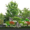 Lush Garden Shrubs With Stone Wall Trees Rocks And Colorful Foliage