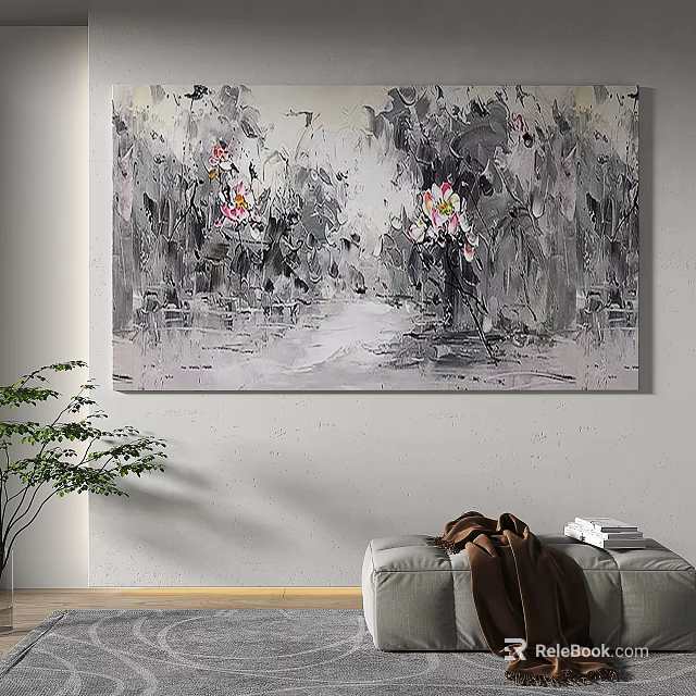 Abstract Painting With Textured Gray Tones And Pink Lotus Flowers On Wall 3d model 