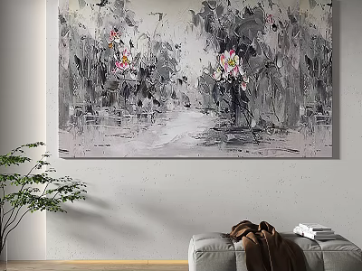 Abstract Painting With Textured Gray Tones And Pink Lotus Flowers On Wall 3d model