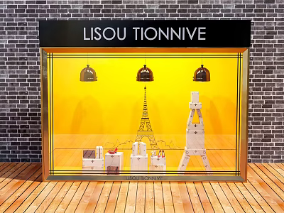 Lisou Tionnive Window Display Featuring Yellow Background Black Pendant Lights Eiffel Tower Model Shopping Bags 3d model