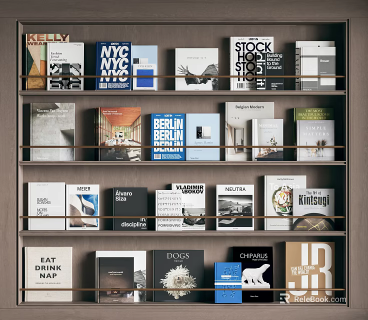 Books and Magazines on Wooden Shelves with Various Covers and Titles 3d model 