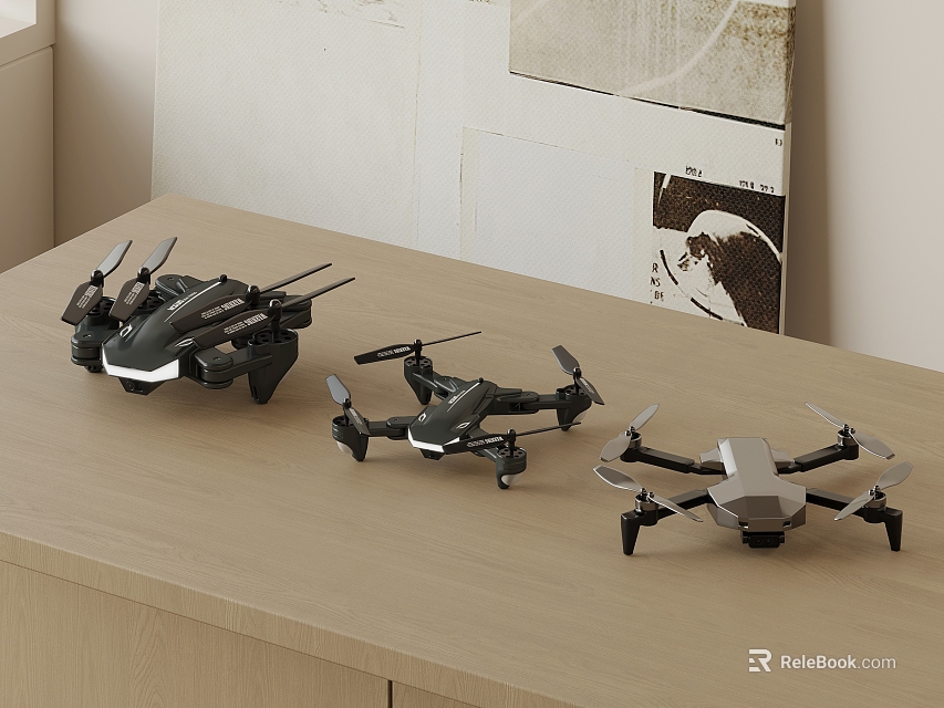 Three Modern Toy Drones With Sleek Design And Varied Colors On Wooden Tabletop 3d model 