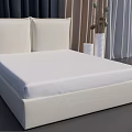 Modern Beige Double Bed With White Mattress And Simple Fabric Headboard Design