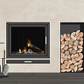Modern Fireplace With Burning Fire Wood Storage Nook And Fireplace Tools