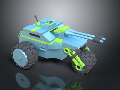 Blue And Green Toy Tank With Large Wheels Double Cannons And Antenna 3d model