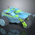 Blue And Green Toy Tank With Large Wheels Double Cannons And Antenna