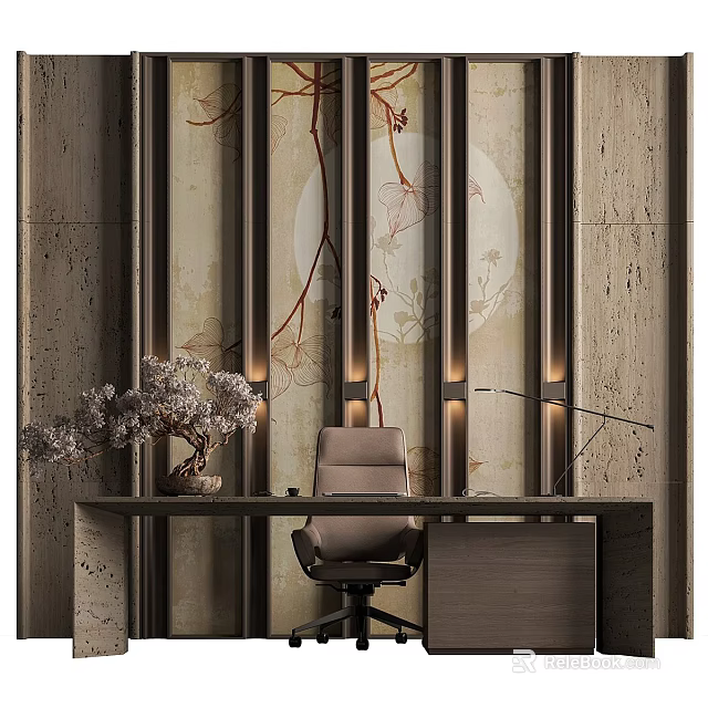 Stylish Study Room Interior With Wooden Desk Comfortable Chair Artistic Wall Decor And Lighting 3d model 