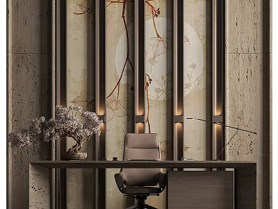 Stylish Study Room Interior With Wooden Desk Comfortable Chair Artistic Wall Decor And Lighting 3d model