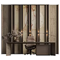 Stylish Study Room Interior With Wooden Desk Comfortable Chair Artistic Wall Decor And Lighting