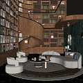 Duplex Living Room Interior With Large Bookshelves Spiral Staircase Curved Sofa And Marble Wall