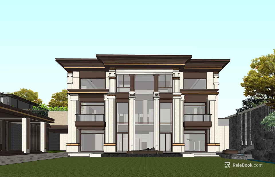 Modern Classical Detached Villa Exterior Design With Two Story Large Windows And Lawn 3d model 