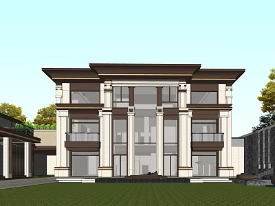 Modern Classical Detached Villa Exterior Design With Two Story Large Windows And Lawn 3d model
