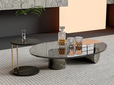 Modern Glass Coffee Table With Metal Legs And Side Table Decorated With Glassware And Vase 3d model