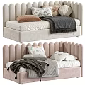 Upholstered Kids Bed with Scalloped Headboard Soft Pink Beige Design Cozy Pillows and Warm Blankets