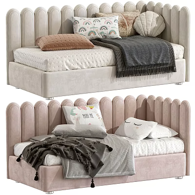 Upholstered Kids Bed with Scalloped Headboard Soft Pink Beige Design Cozy Pillows and Warm Blankets 3d model