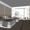 Hotel Guest Room with Two Double Beds LED Lights Floor-to-Ceiling Windows Mountain View Wooden Flooring