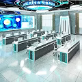 Modern Control Room Console Desk Chair Set With Monitors Bright Environment Large Windows Blue Lighting