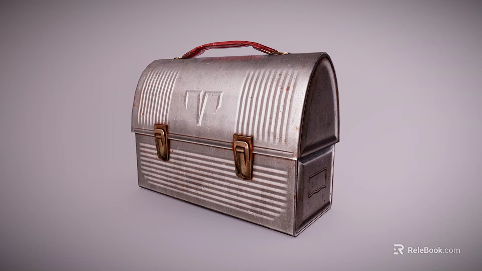 Vintage Metal Dinnerware Set With Red Handle Striped Design And Portable Storage 3d model 